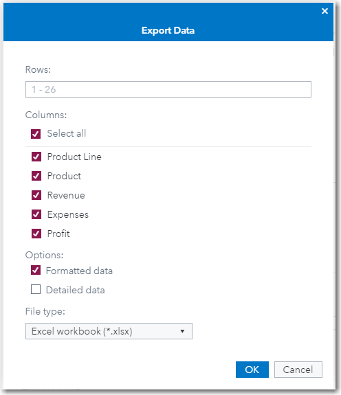 When you export analytics objects, Excel workbook is the only available file type. When you open the exported file in Excel, each part of the object has a separate worksheet tab.