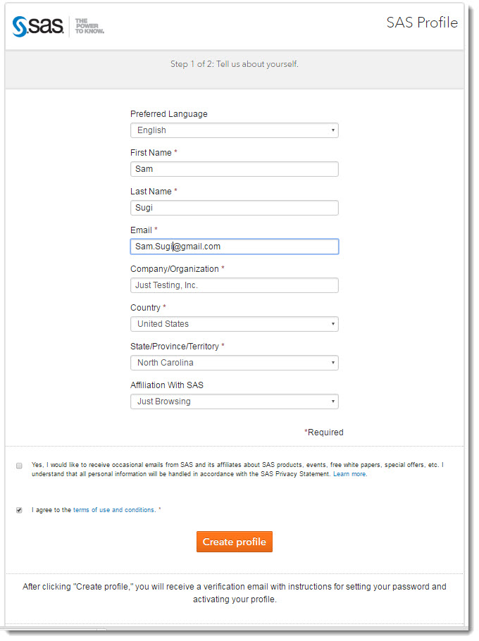 Screenshot of SAS Profile webform