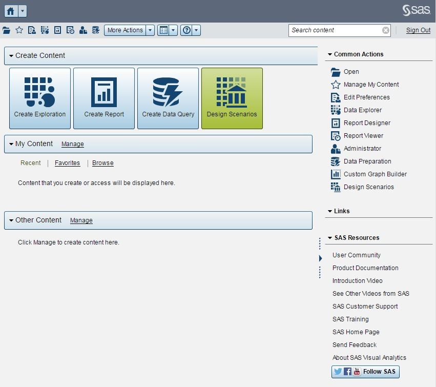 Screenshot van SAS Visual Analytics Hub software.