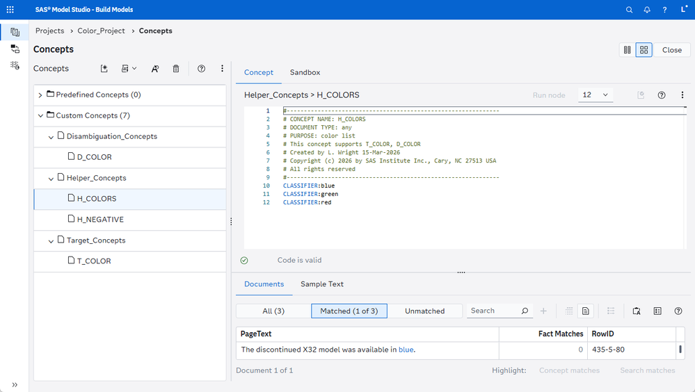 Figure 2. For custom concept, H_COLORS, the observation with RowID 435-5-80 shows a match for 'blue'.