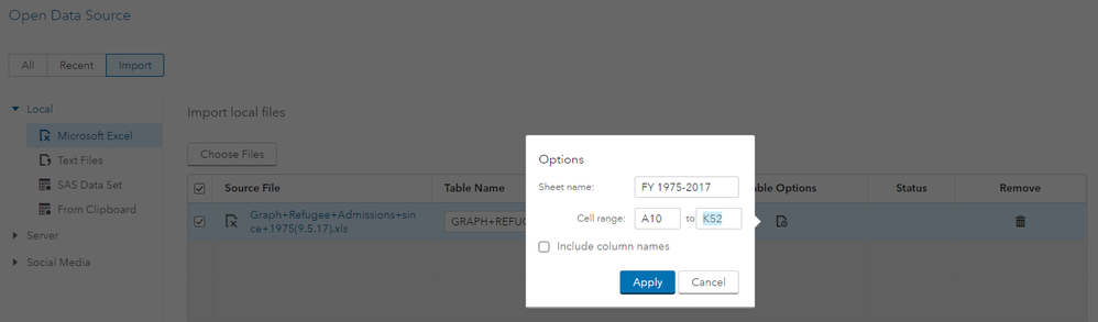 Fig.2 – Importing the spreadsheet with SAS Visual Data Builder