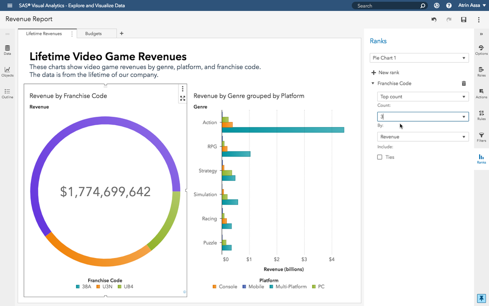 The Ranks pane on the right lets you quickly rank your data.