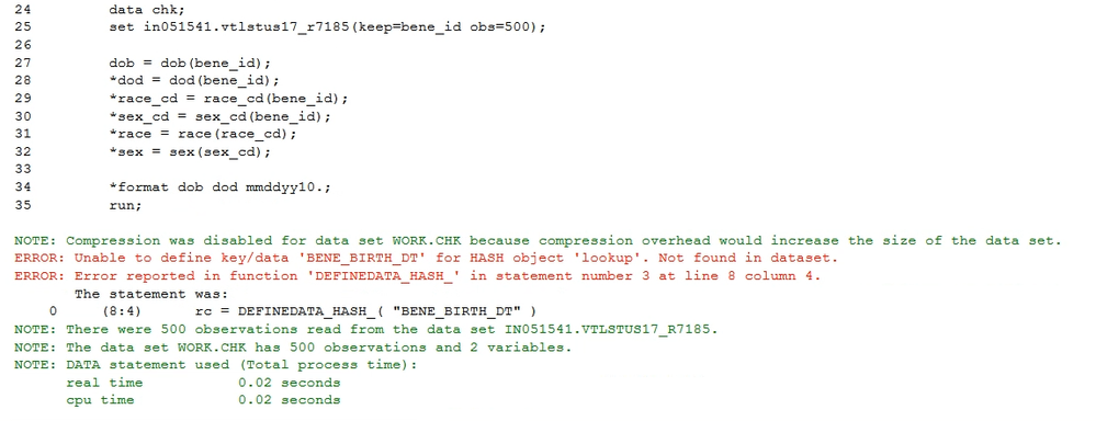 Here is the log from the datastep. Initially the lookup was a 14million x 8 table. For this I was testing with a 500 x 2 table.