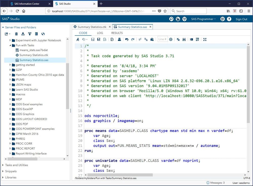 Code generated by Summary Statistics task saved as SAS program in server folder