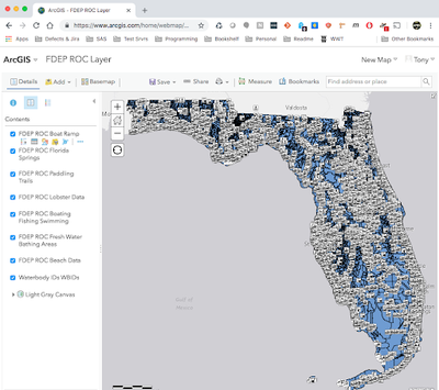 An FDEP webmap in the ArcGIS map builder  with 6,666 waterbodies and thousands of points of interest across a selection of layers.