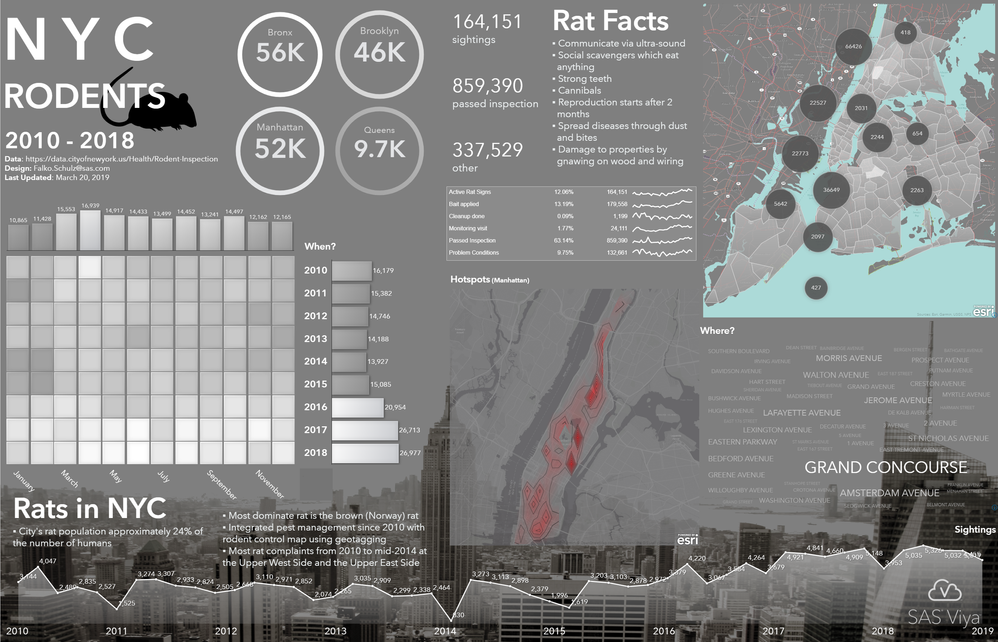 SAS Visual Analytics report showing NYC rodent inspection data