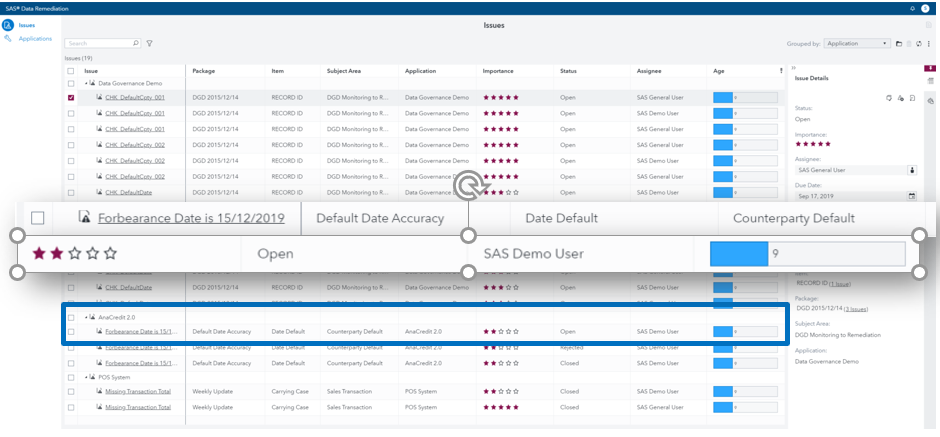 SAS Data Remediation issues items grouped by application package.png