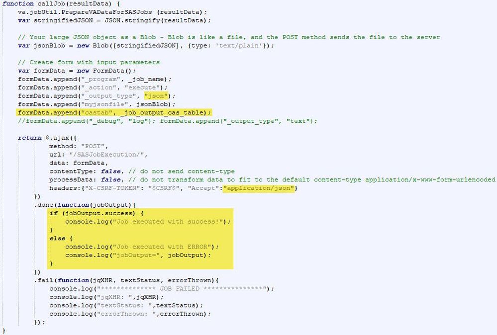 Picture 14- Modifications in callJob() function to pass the name of the output table as parameter and receive execution status information