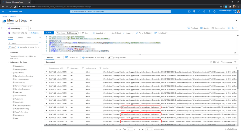 Azure Monitor Logs Results of basic query to search for “The quick brown fox”