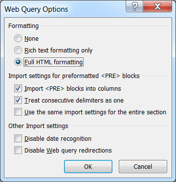 Excel Web Query Options