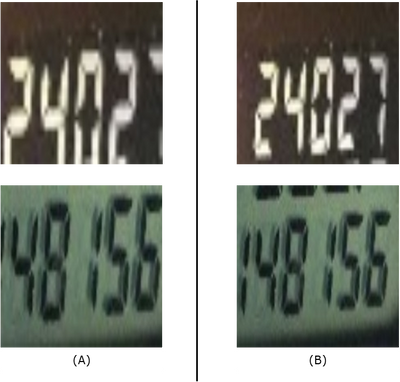 Figure 6. (A) Sample odometer crops based on bounding box output of the odometer detection model. The model tended to produce a tight margin around the odometer region which resulted in some digit getting trimmed. (B) We padded a few pixels along both row and column dimensions to ensure that all digits were accounted for.