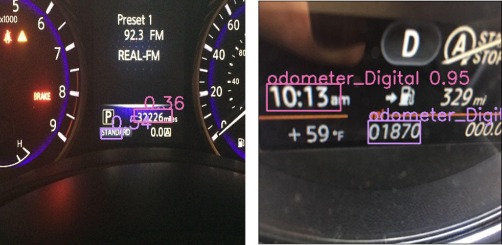 Figure 10. Two examples of false positive detections for the odometer detection model. The numeric value above each box shows confidence level in the detection. In the first example, the model was more confident in the word “standard” than the actual odometer, and in the second example the model detected two odometers.