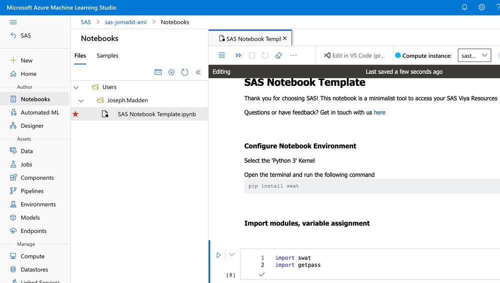 Connect to SAS Viya 4 with Azure Machine Learning Workspace Notebooks. You can also leverage this same code in your own local environment with Jupyter.