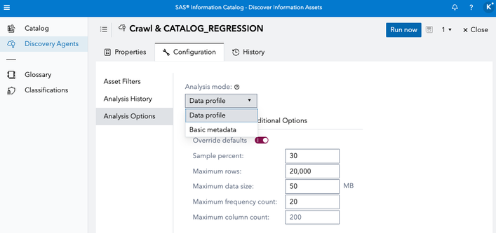 Agent Configuration - Type of Catalog Analysis Mode and Options