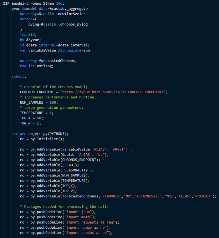 Figure 7 - SAS Job code: model-specific forecasting (Chronos example), part 1